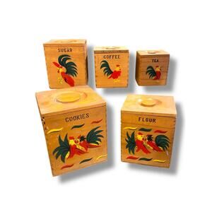 Set of 5 Nesting Wooden Canisters Vintage Rooster Cookies Flour Sugar Coffee Tea